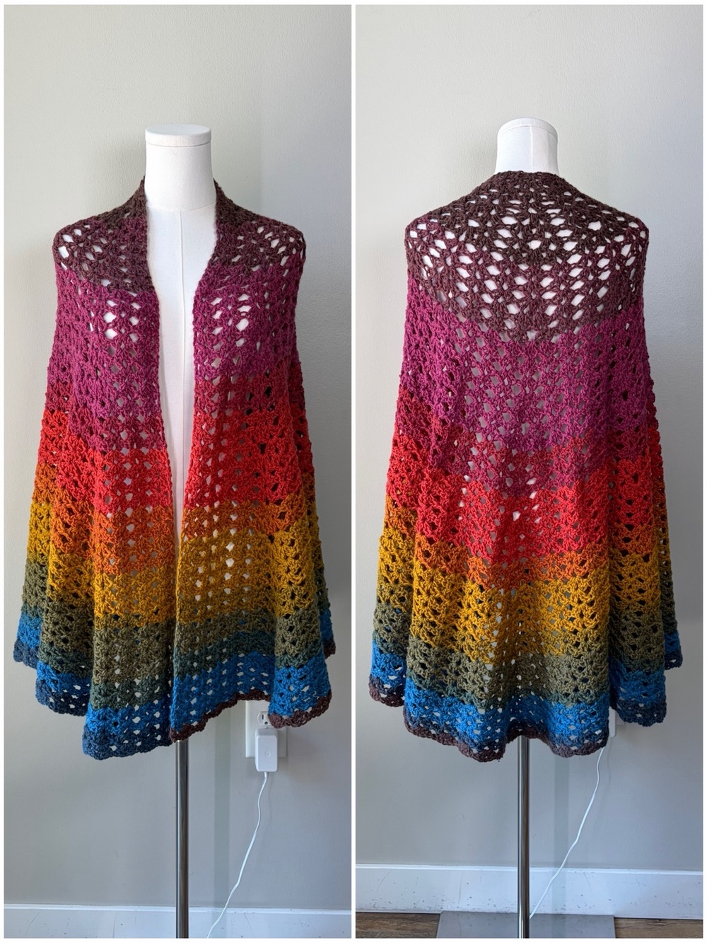 Hand Crocheted Ombré Rainbow Shawl Wrap Layering Artisan Festival Boho One Size